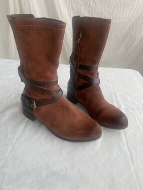 UGG Moto Boots Brown Suede Leather Strap Buckle Mid Calf